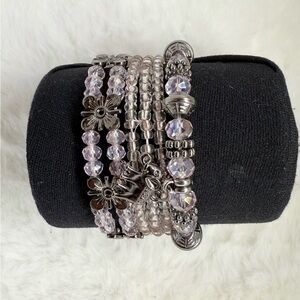 Elegant Silver and Clear Pink Beaded Bracelet Set
